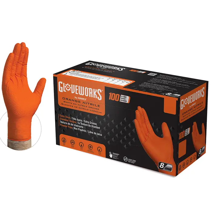 Ammex GWON46100 Gloveworks Orange Nitrile Powder Free Industrial Gloves, 8  Mil, Size Large